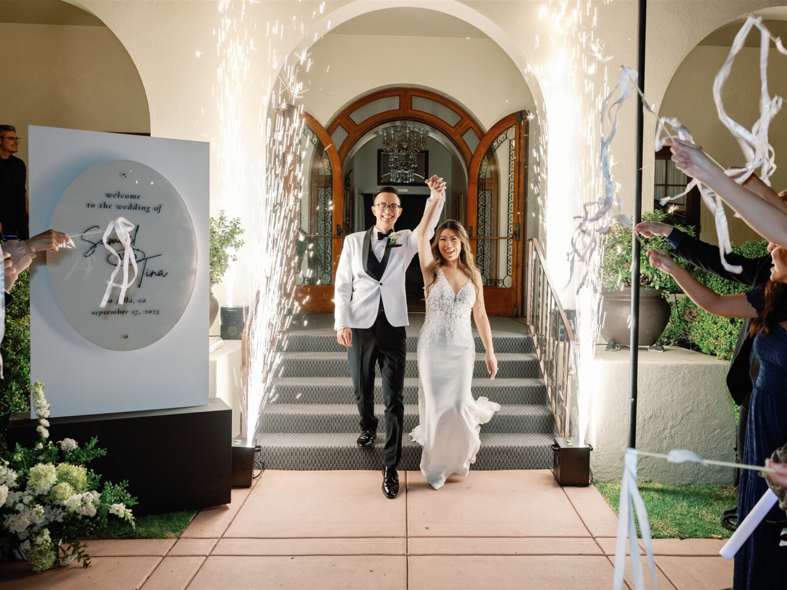 Cold sparkler grand exit at wedding at the La Jolla Women's Club