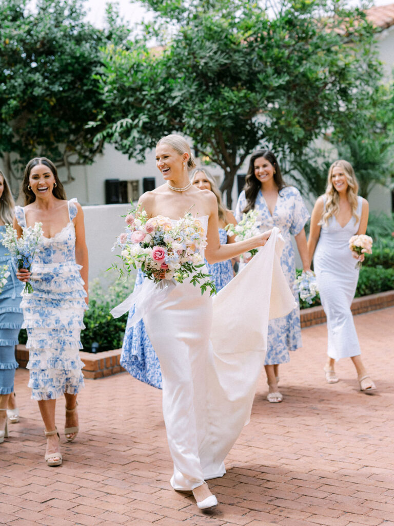 bride and bridesmaids in mix and match dresses at the Darlington House