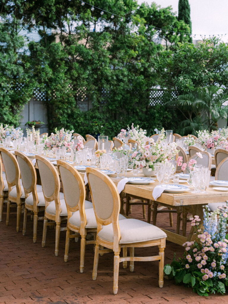 vintage wedding reception setup in the Rose Garden of the Darlington House