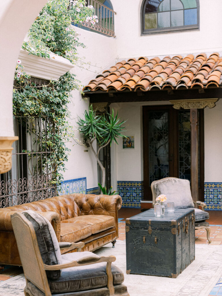 Wedding lounge setup in the Andalusian Patio at the Darlington House