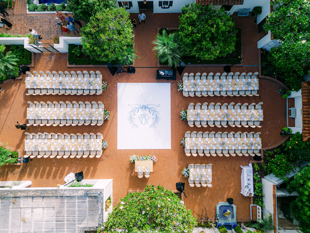 Aerial view of a wedding reception in the rose garden of the Darlington House