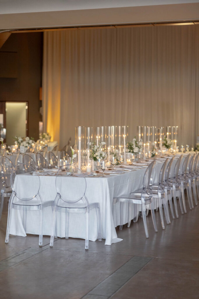 White modern wedding reception at Scripps Seaside Forum