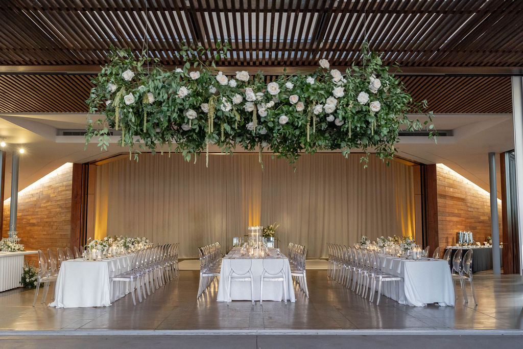 modern white wedding reception setup at Scripps Seaside Forum