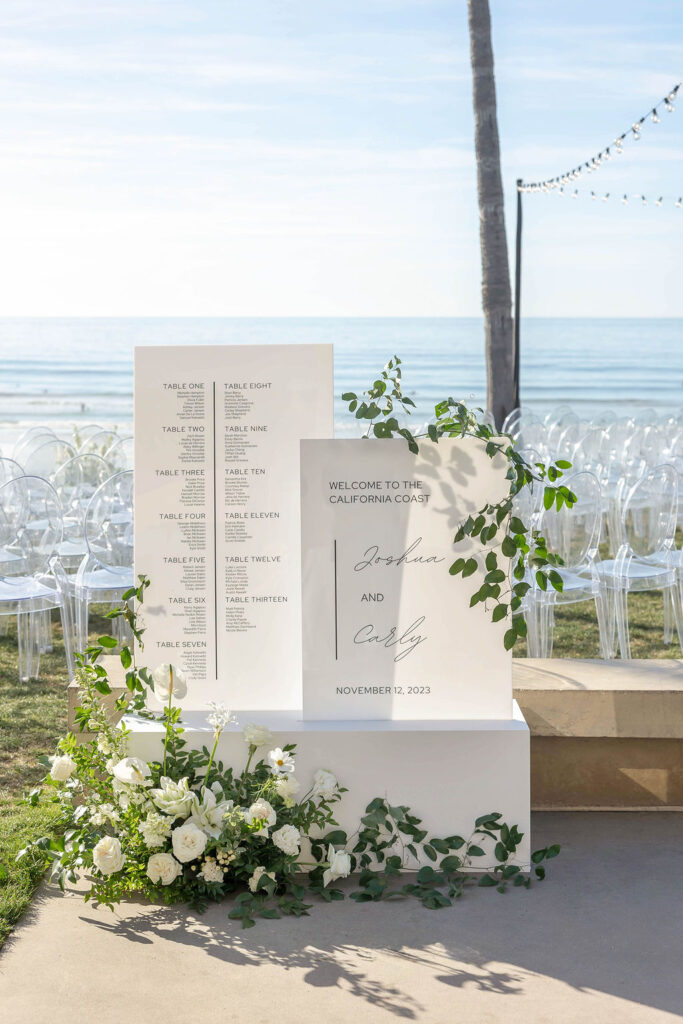 White acrylic wedding seating chart