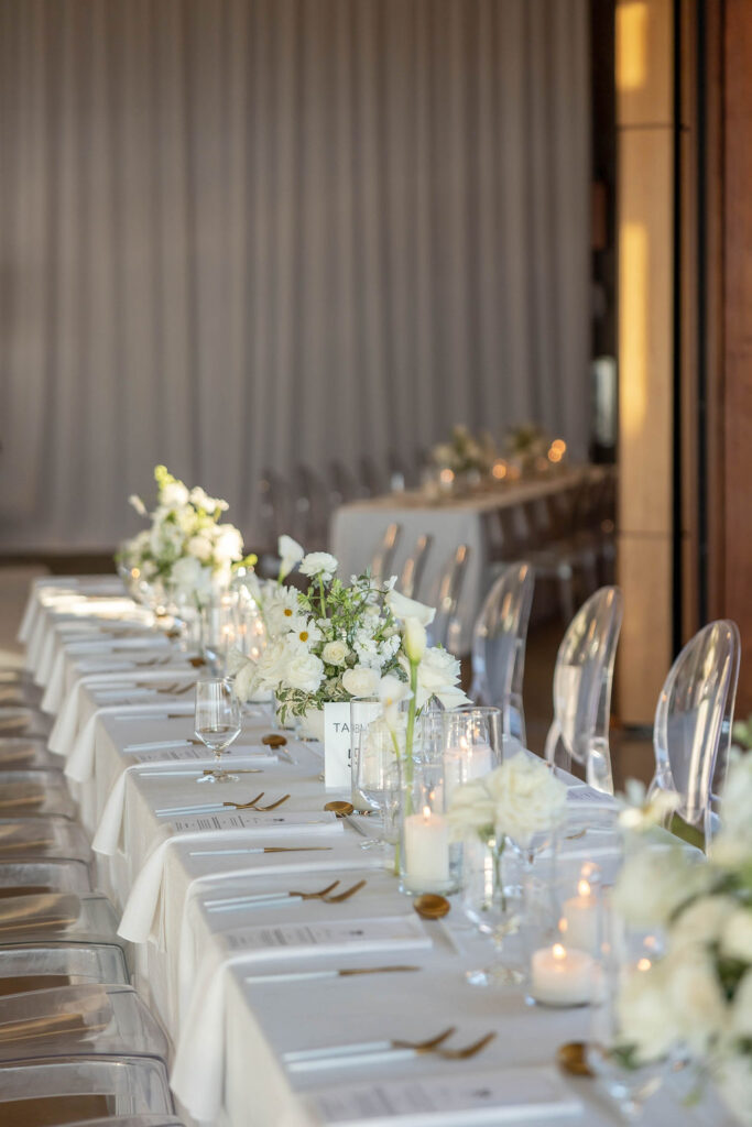 Modern white wedding reception at Scripps Seaside Forum