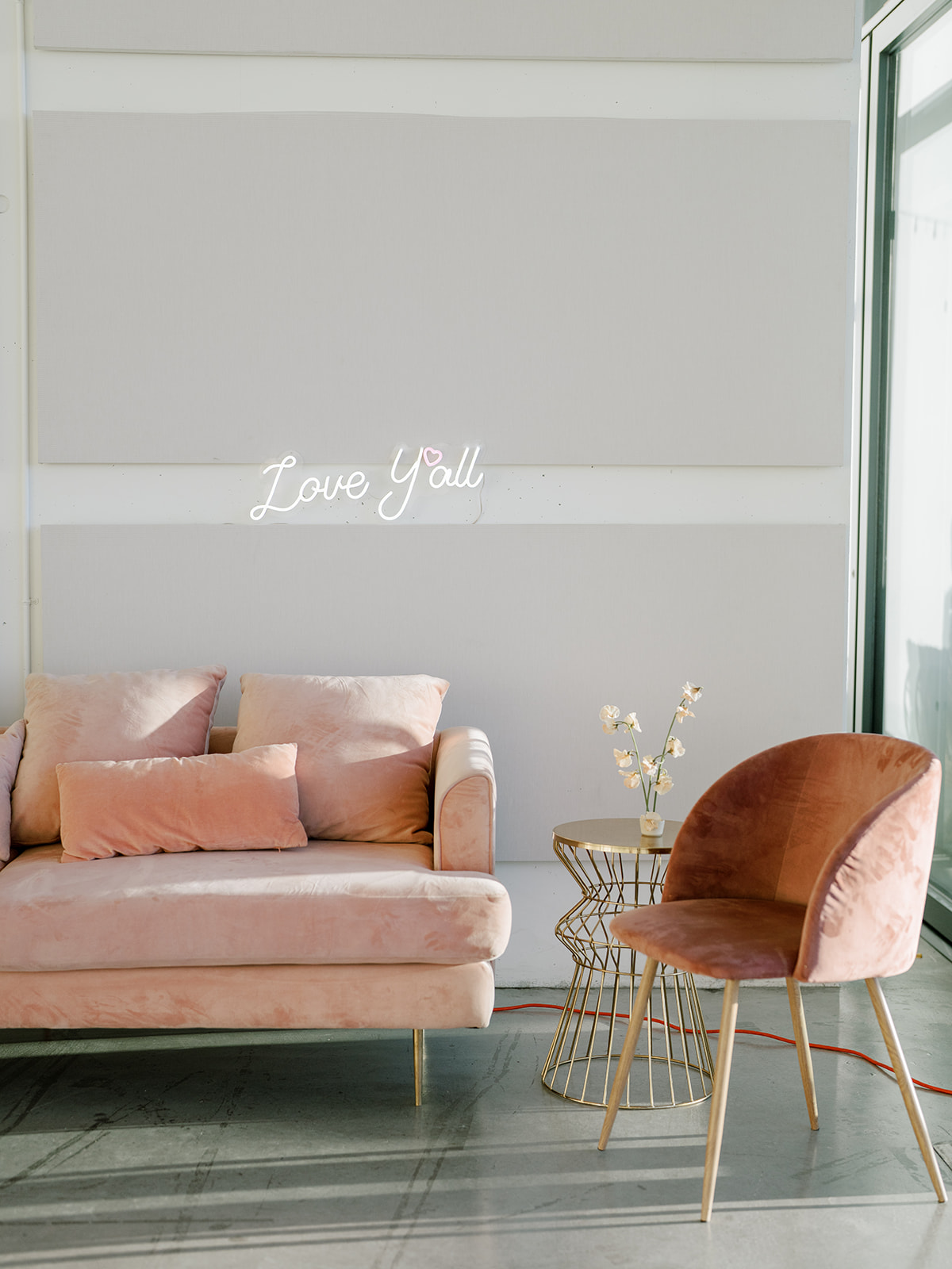 pink and peach wedding lounge setup at the Lane in San Diego